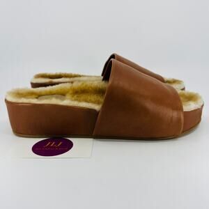 Beek Women's Pelican Shearling Cognac Leather Slip On Slide Sandals Size 8